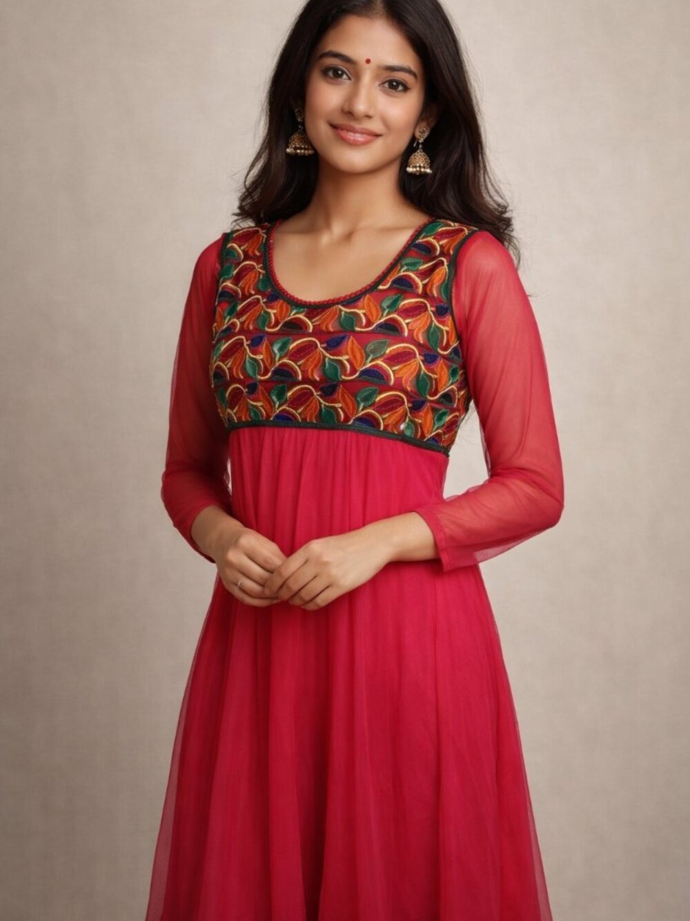 East Indian Ethnic embroidered sheer midi hot pink colourful full flowing